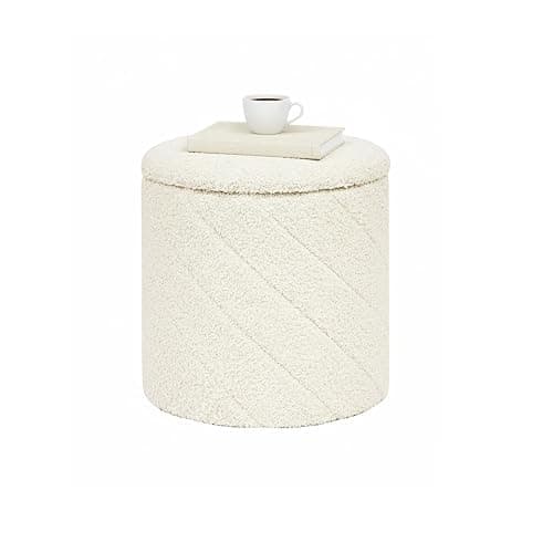 B FSOBEIIALEO Ottoman with Storage, 33cm Boucle Round Ottoman, Cream White | Ottomans with Removable Tray Lid, Foot Rest Stool, Twisted Design Coffee Table, for Dorm, Living Room - Image 1