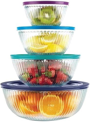 Pyrex 8 Piece Ribbed Bowl (4) Set Including Assorted Colored Locking Lids (Ribbed) - Image 1