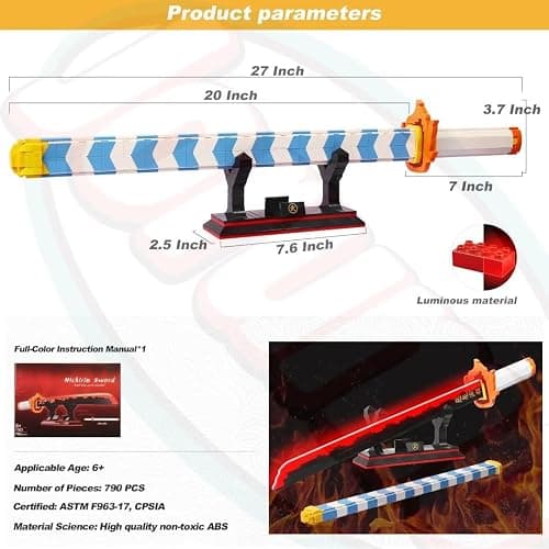 Jorumo Sword Building Set, 27in Rengoku Kyoujurou Sword with Scabbard and Stand, Cosplay Anime Toy Block for Collecting 790 Pieces, Luminous thumbnail 2