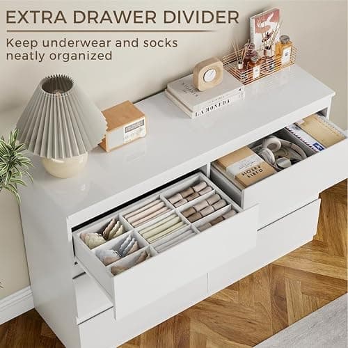 OtterOasis White Dresser for Bedroom Wood 6 Drawer Modern High Gloss | 47" Wide, Handle-Free, long, for Living Room, Entryway, TV Stand, Storing CLothes, Dressers & Chests of Drawers thumbnail 3