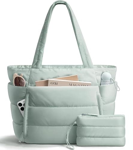 Puffer Tote Bag for Women, Lightweight Puffy Work Handbag Teacher Nurse Quilted Shoulder Bag for School Travel Gym - Image 1