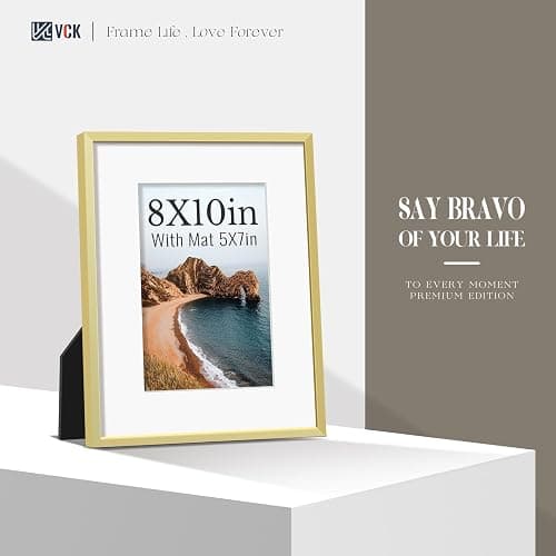 VCK 8x10 Picture Frame Gold 6 Pack, High-End Aluminum Metal Poster Frame with Tempered Glass, Display Photo 5x7 with Mat or 8x10 Without, for Home, Office, Studio and Gallery, Wall Hanging or Tabletop thumbnail 2