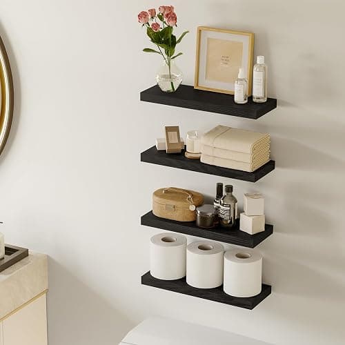 Fixwal Floating Shelves for Wall, Wall Mounted Rustic Wood Shelves for Bathroom, Living Room, Bedroom and Kitchen, Wall Shelves for Storage,Books,Room Decor (Black, Set of 4, 15.8 Inch) thumbnail 2