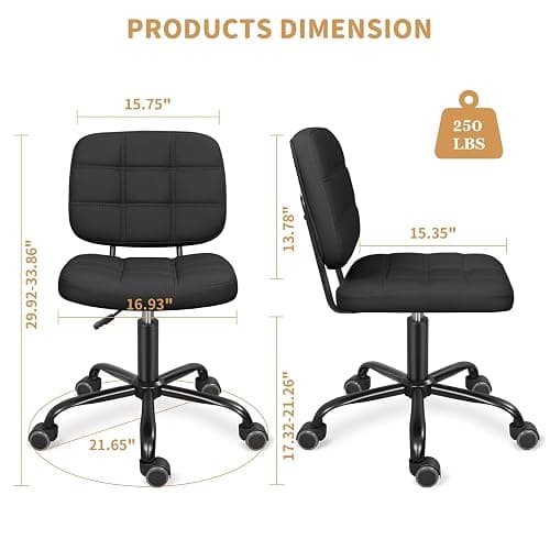 ERGOSEAT Armless Home Office Desk Chair with Wheels, Modern Ergonomic Drafting Rolling Chair with 360° Swivel Wheels,Height Adjustable Computer Task Chairs for Small Space, Black thumbnail 3