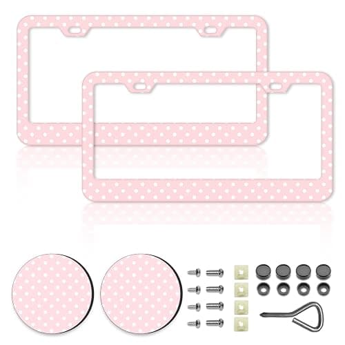 Polka Dots License Plate Frames，Polka dots Car Accessories for Women and Men ，Cute License Plate，Aluminum License Plate Frame Fits Standard US Vehicles Size 12.2 x 6 Inch (Pink-Polka dots) - Image 1