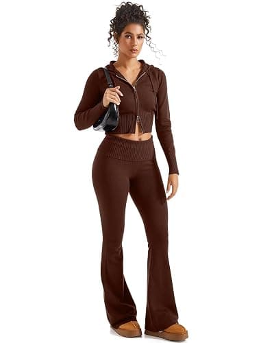 SUUKSESS Women 2 Piece Knit Sets Cropped Zip Up Hoodie Foldover Flare Leg Pants thumbnail 4
