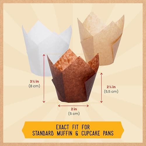 Tulip Cupcake Liners, Muffin Liners for Baking by Baker’s Signature 200pcs of Parchment Paper Cups Cupcake Wrappers – Perfect Size, Sturdy, Greaseproof & Easy to Use – Beige White Brown thumbnail 3