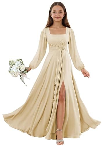 EVASIE Junior Bridesmaid Dresses Long Sleeve Chiffon Flower Girl Dress with Slit Square Neck Kids Prom Party Dress thumbnail 5