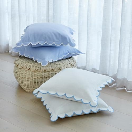 BEBE BASK Scalloped Pillow Cover - Set of 2-18 x 18 Inch - Scallop Pillow Cover – White and Blue Scalloped Pillows - Scallop Pillows - 100% Cotton - Grandmillennial Style (White/Blue) - White/Blue thumbnail 2