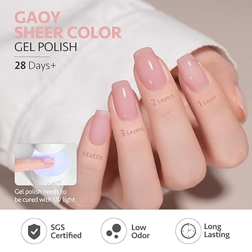 GAOY Jelly Nude Gel Nail Polish Set, 6 Transparent Milky White Pink Colors, UV Light Cure Gel Polish for Salon and Nail Art DIY at Home thumbnail 6