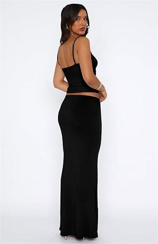 Lybiogs Two Piece Skirt Set for Women - Sexy Sleeveless Spaghetti Strap Pleated Tank Top Maxi Long Skirts Sets thumbnail 4