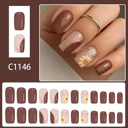 24Pcs Fall Press on Nails Short Square Fake Nails with Design Yellow Daisy Glue on Nails Brown False Nail Striped Glitter Acrylic Nail thumbnail 2