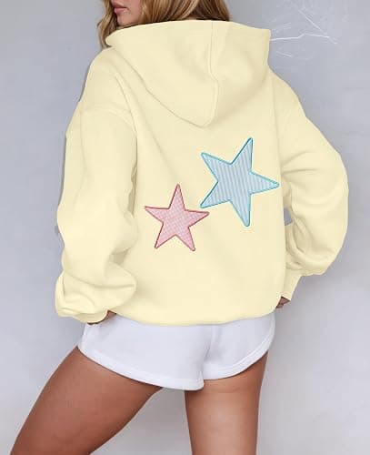 AKLOPVII Women Y2k Cute Star Graphic Embroidery Oversized Fleece Hoodies Striped Plaid Patch Pullover Hooded Sweatshirt thumbnail 2