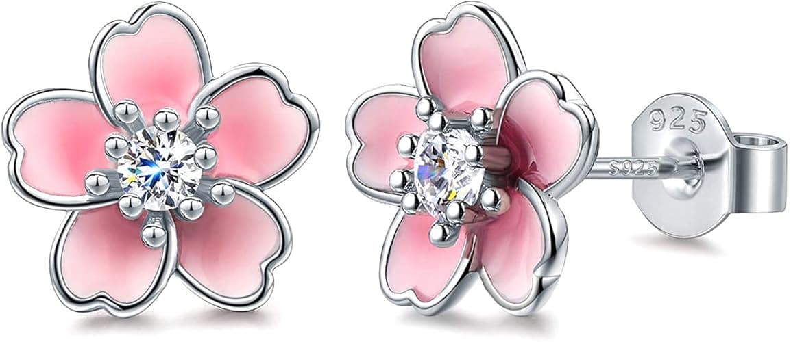 Pink Flower Earrings for Women, 925 Sterling Silver Stud Earrings, Cute Plumeria Earrings For Women, Cherry Blossom Hypoallergenic Stud - *Pink