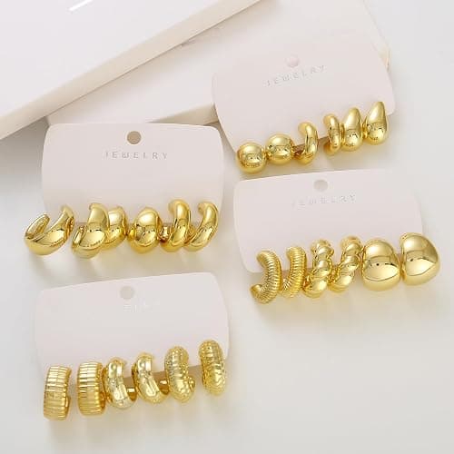 ILGANT 12 Pairs Chunky Gold Hoop Earrings Set for Women Trendy Lightweight Gold Plated Earrings Hypoallergenic Jewelry thumbnail 4