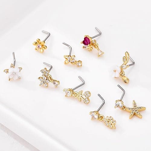 TAMHOO 18Pcs Nose Rings - L Shape, Butterfly & Heart Designs - Gold Nose Studs for Women thumbnail 6