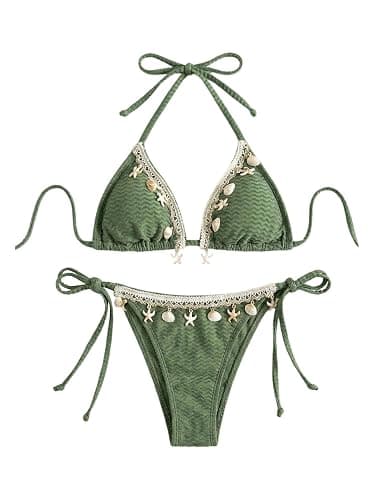 Verdusa Women's 2 Piece Sexy Halter Triangle Bikinis Thong Tie Boho Seashell Bikini Sets Swimsuits Swim Bathing Suit - Image 1
