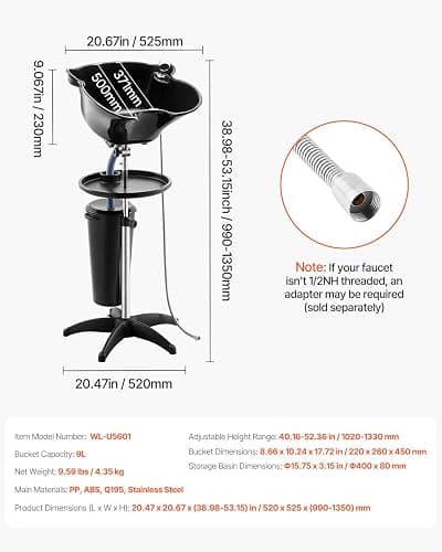 VEVOR Portable Shampoo Bowl, Deep Shampoo Sink with Adjustable Height & Angle, Washing Hair Station Includes Drain Hose, Shower Head and Bucket, Salon Sink for Home & Barber Use, Black thumbnail 3