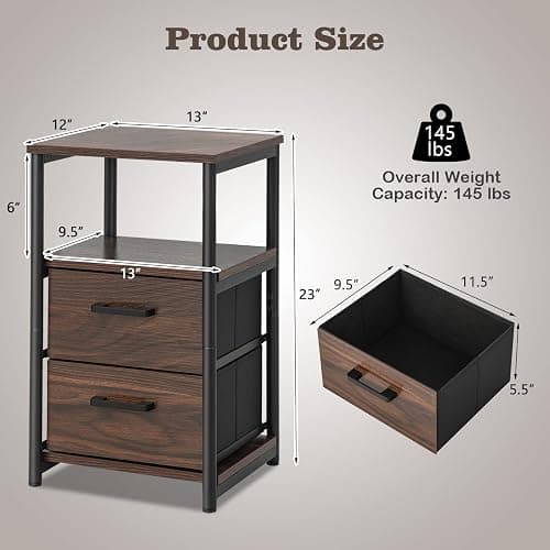 COSTWAY Nightstand with 2 Fabric Drawers, 3-Tier Bedside Sofa Side Table with Open Shelf, Metal Frame, Industrial End Table for Bedroom, Living Room, Dormitory, Walnut thumbnail 3
