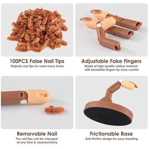 Acrylic Nail Practice Finger Kit, BORNBYME Acrylic Nail Training with 1 Base Stand, 3 Adjustable Fake Fingers, 100 Brown Nail Tips, Movable Training Nail Practice for Nail Beginner… thumbnail 2