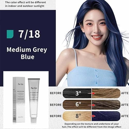 YSNSTYLE-PureStyle 3.4 fl oz(100ml) Hair Color Cream, Ammonia-Low Permanent Hair Dye with Nourishing, Medium Grey Blue Long-Lasting Fade-Resistant Color, At-Home Salon Quality Hair Coloring thumbnail 2