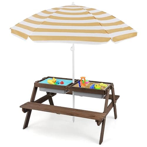 HONEY JOY Kids Picnic Table, 4 in 1 Cedar Wooden Sand & Water Table w/ 3 Removable Box & Umbrella, Kids Picnic Tables for Outdoors Backyard Garden, Toddler Patio Furniture Set for Boys Girls(Walnut) - Image 1