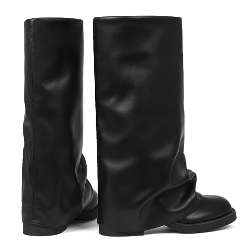 femflame Women's Fold Over Boots Slouchy Wide Calf Pleated Platform Black Boots Round Toe Chunky Stacked Riding Biker Boots Mid Calf Boots thumbnail 5