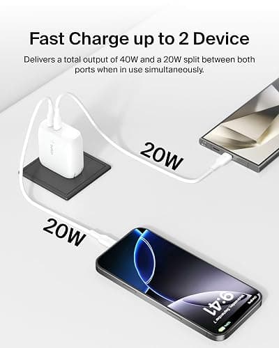 Belkin 40W Dual Port USB C Wall Charger Block - USB C Fast Charging for Apple iPhone, iPad, Samsung Galaxy Phone, & More - Programmable Power Supply Tech - Folding Prongs - White thumbnail 3