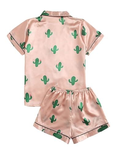 SweatyRocks Women's Short Sleeve Sleepwear Button Down Satin 2 Piece Pajama Set thumbnail 2