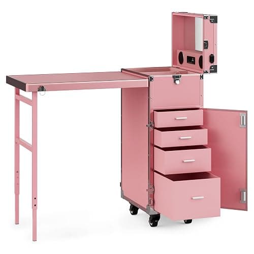 Icoget Portable Rolling Manicure Table for Nail Teach, Foldable Traveling Nail Desk w/Storage, Mobile Nail Table w/Audio and Mirror, Makeup Train Case Cosmetic Trolley, Pink thumbnail 4