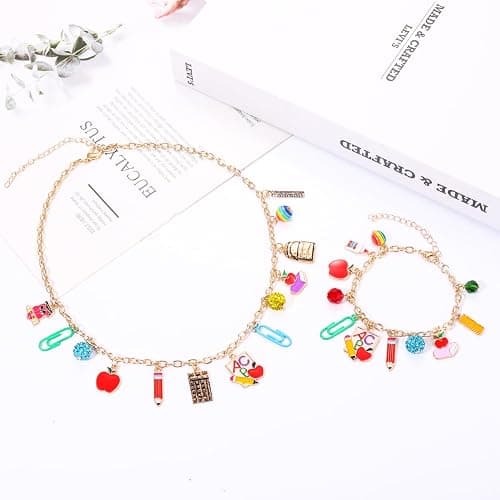 YAHPERN Teacher Necklace Earrings Bracelet for Women, Teacher Accessories, Cute Apple Pencil Book Charms Bracelet Choker Necklace Apple Earrings Teacher Appreciation Gifts Back To School Jewelry thumbnail 6
