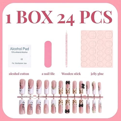 24Pcs Leopard Print French Tip Press on Nails Long Square Fake Nails 3D Rhinestone Black Bow Design False Nails Full Cover Artificial Acrylic Stick on Nails White French Tips Glue On Nails for Women thumbnail 3