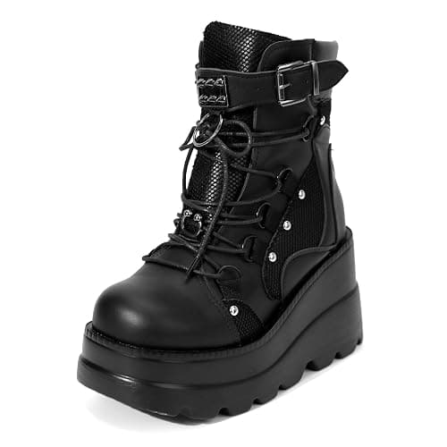 NIGXWNS Women Wedge Ankle Boots Lace-Up Zip Round Toe High Heels Goth Combat Booties Chunky Heel Platform Motorcycle Boots - Image 1