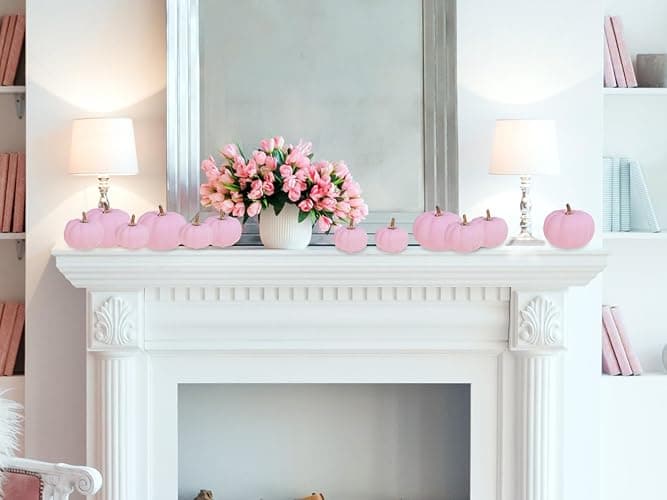 Winlyn 12 Pcs Artificial Pink Pumpkins 3 Sizes Small Fall Decorative Pumpkins Foam Pumpkins Faux Pumpkins Decor for Autumn Wedding Baby Shower Pink Halloween Party Thanksgiving Harvest Table Wreath - Pink thumbnail 5