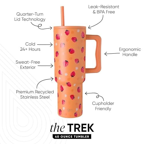 Simple Modern 40 oz Trek Tumbler with Handle and Straw Lid | Cup Holder Friendly Insulated Stainless Steel Travel Mug | Strawberry Fields thumbnail 3