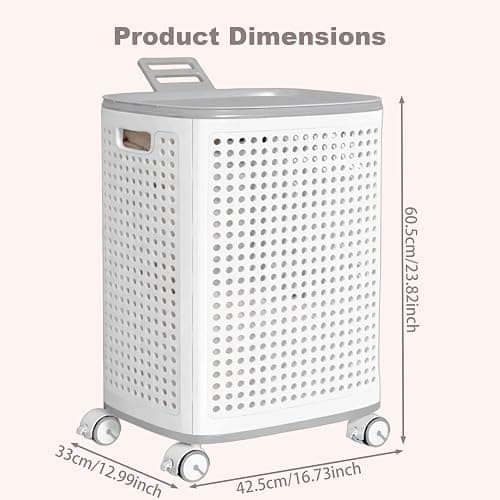 M.J COMFY-LIFE Laundry Basket with 360° Wheels and Lid Large Rolling Clothes Hamper with Built-in Storage Basket Ventilated Design for Laundry Room Bathroom Bedroom (Without Sidebar) thumbnail 3