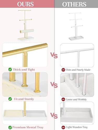 Jenseits 3-Tier Jewelry Holder Organizer:17.1" Adjustable Hanger, Velvet Ring Tray, Metal Aesthetic Display Stand for Necklaces, Earrings, Bracelets, Watches, Gold Jewelry Storage Tower Tree for Women thumbnail 4