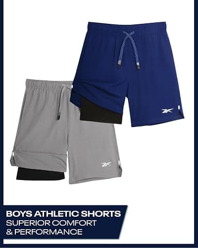 Reebok Boys Athletic Shorts 2 Pack – 2-in-1 Boys Basketball Shorts with Compression Liner – Quick Dry Running Shorts thumbnail 2