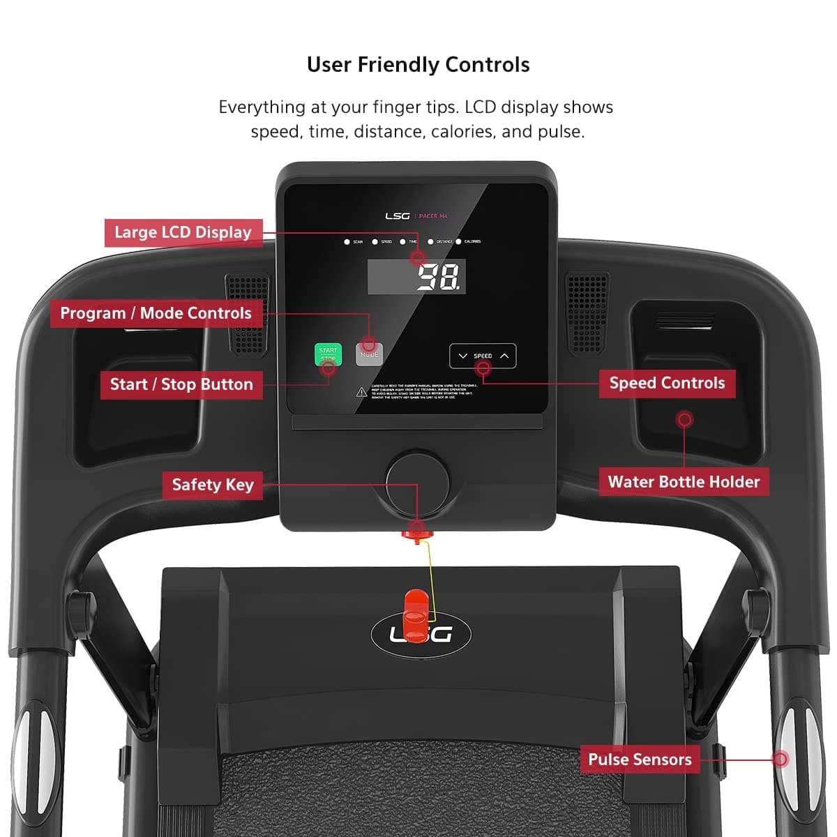 LSG Pacer M4 Treadmill with 12km/h Max Speed, 6 Preset Programs, 1.5CHP EverDrive® H2 Motor, DuraGrip® Running Belt, ShockControl Cushioning, 3 Manual Incline Levels & HydraAssist Soft Drop Folding thumbnail 5