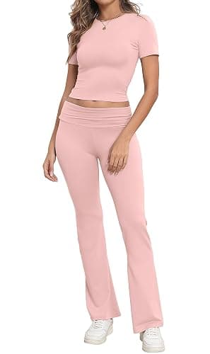IWOLLENCE Loungewear Sets for Women UK Two Piece Outfit Short Sleeve Crop Top and High Elastic Waist Wide Leg Trousers Co Ord Set - Pink - S - Image 1