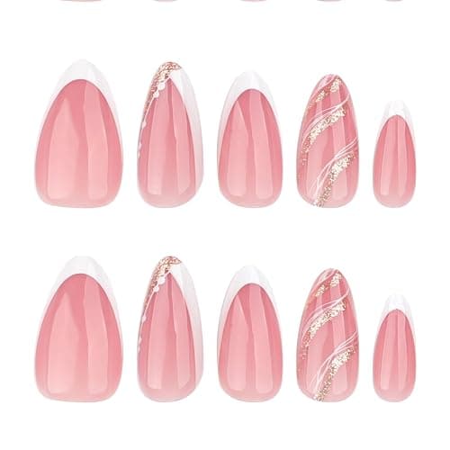 French Press On Nails Short Almond, Nude Fake Nails with White French Tip and Minimalist Gold Line Design, Glossy Gel Finish Acrylic Nails, Natural Reusable Glue On Nails Kit for Women, Luxe Line thumbnail 2