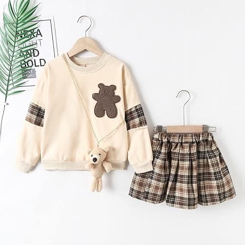 OYOANGLE Girl's 3 Piece Outfits Fall Winter Plaid Skirt Outfits Cute Preppy Sweatshirt Top and Plaid Skirts and Bag Sets thumbnail 5