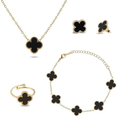 SUEHBEXF Vierblättriges Kleeblatt Schmuck Set, 18 Karat Vergoldet Edelstahl Zweiseitig Vierblättriges Schmuck, Geschenke für Damen und Mädchen - Image 1