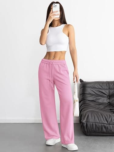 ATHMILE Women's Wide Leg Sweatpants High Waisted Baggy Interior Drawstring Joggers Straight Leg Sweat Pants with Pockets thumbnail 4