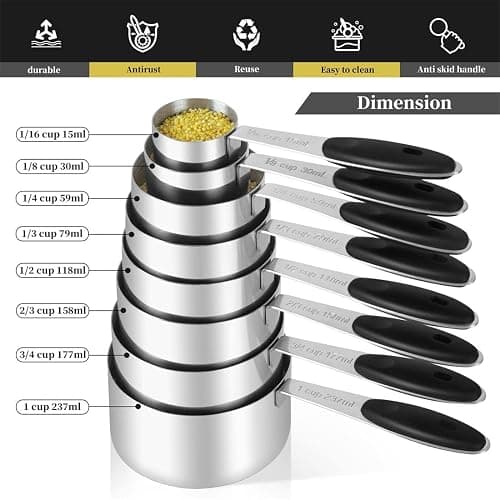 KELOFKO 16 Pieces Measuring Cups and Magnetic Measuring Spoons Set Stainless Steel,8 Measure Cups with Silicone Handle and 7 Double Sided Magnetic Measure Spoons & 1 Leveler thumbnail 3
