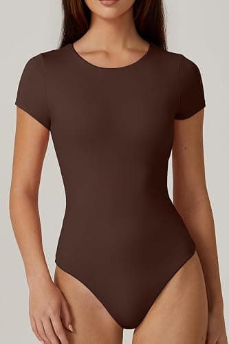 QINSEN Women's Crew Neck Short Sleeve Bodysuit Double Lined Body Suits Basic T-shirt Tops thumbnail 3