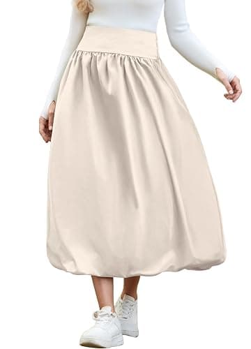peassa Women's Bubble Long Skirt Elastic Waist A-Line Pleated Ruffle Flowy Balloon Maxi Skirts with Pockets thumbnail 2
