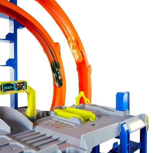 Hot Wheels Toy Car Track Set with Die-Cast Car & Helicopter, 2 Loops, Storage for 36 1:64 Scale Vehicles, Speed Snap Adapters, Mega Loop Garage thumbnail 9