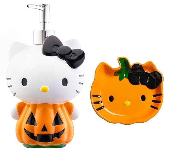Jay Franco Hello Kitty Pumpkin Jack-O-Lantern Bathroom Décor Set - 2 Piece Autumn & Halloween Collection Includes Orange Lotion Pump & Soap Dish - Bathroom Accessories - Image 1