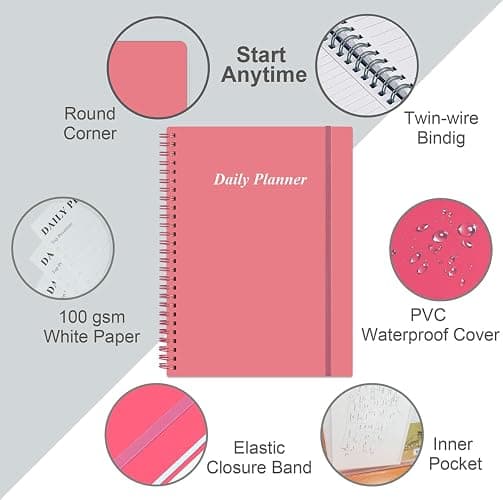 Daily Planner Undated - B5 To Do List Notebook Hourly Schedules, Spiral Appointment Planner for Women and Men, PVC Hardcover, Inner Pocket, Elastic Closure, 7" x 10", Pink thumbnail 4